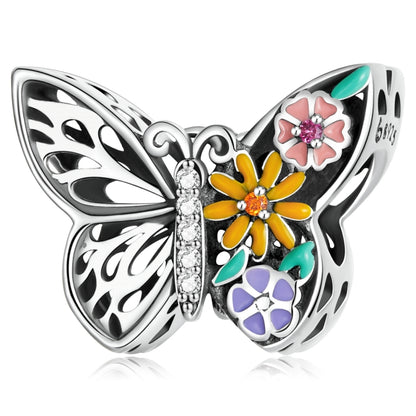 Sterling silver butterfly charm bracelet bead with multicolor enamel flower details