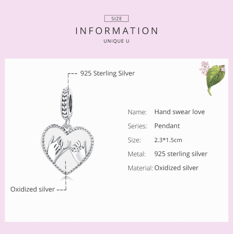 Sterling silver heart pendant charm showing hand-swearing hands motif