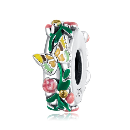 925 sterling silver enamel butterfly flower charm bead with green and gold details