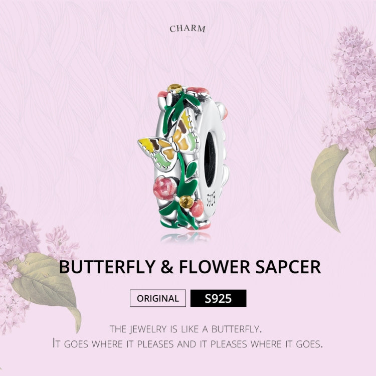 925 sterling silver butterfly and flower charm bead with green enamel and gold accents