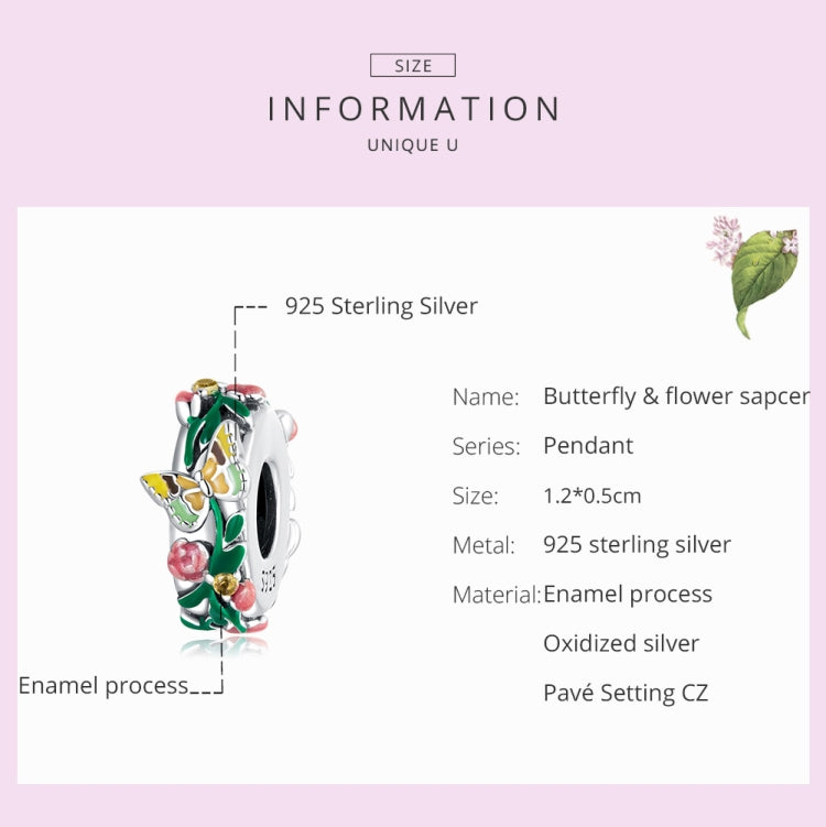 Butterfly and flower charm bead in 925 sterling silver with colorful enamel