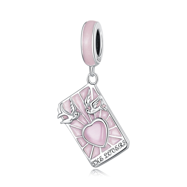 Sterling silver pendant charm with pink enamel tarot card and heart, hanging on loop