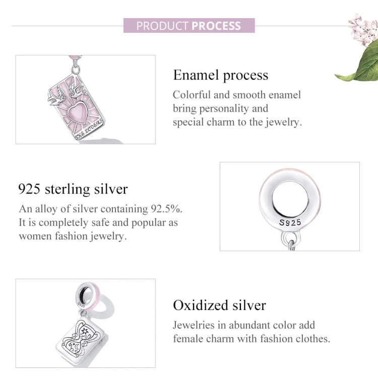 Sterling silver pendant and round S925 ring with pink enamel accent on tarot card