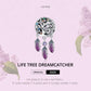 Sterling silver life tree dreamcatcher charm bead with purple center stone and three purple feathers.