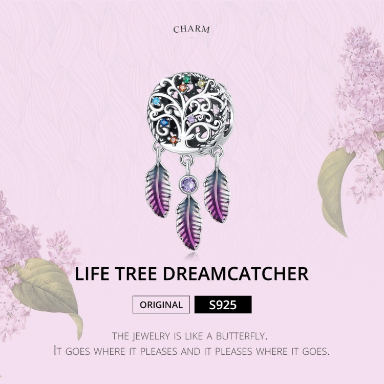 Sterling silver life tree dreamcatcher charm bead with purple center stone and three purple feathers.