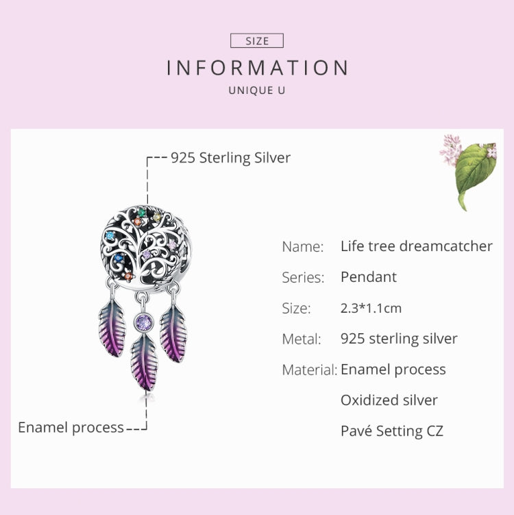 Sterling silver dreamcatcher pendant bead with enamel feathers and round purple center stone.
