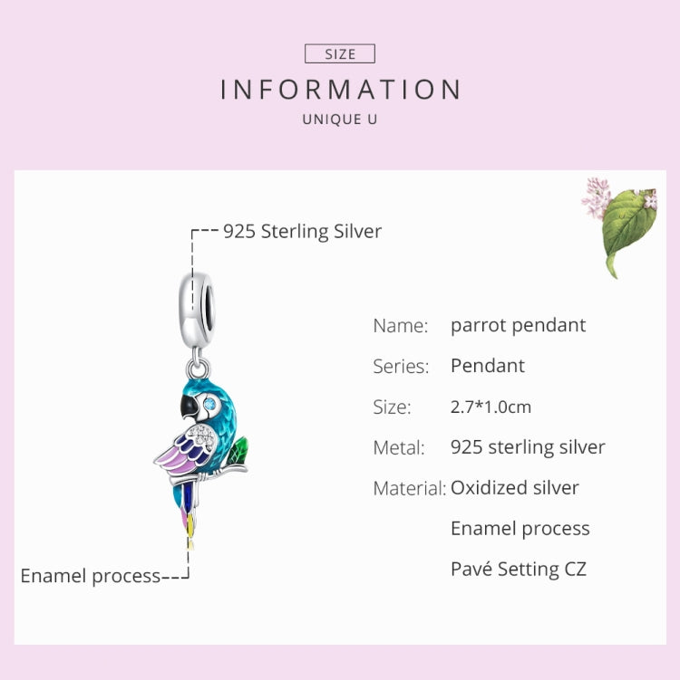 Parrot pendant charm with silver loop on a product information panel