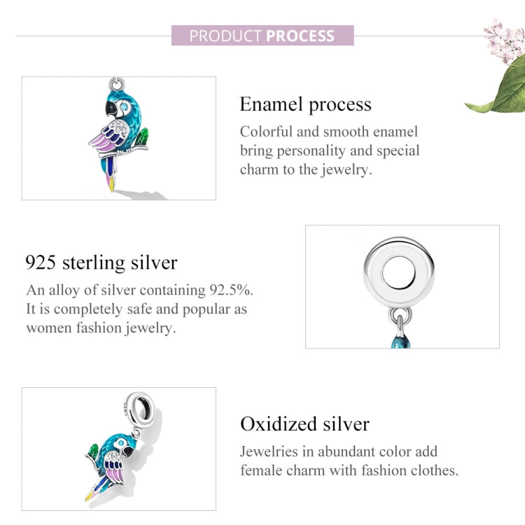 Parrot pendant charm shown in an enamel process product layout