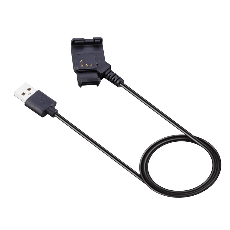 Charging cable with USB-A end and L-shaped device connector, black cord loop
