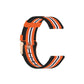 Black nylon canvas watch strap with orange and white stripe weave and metal buckle