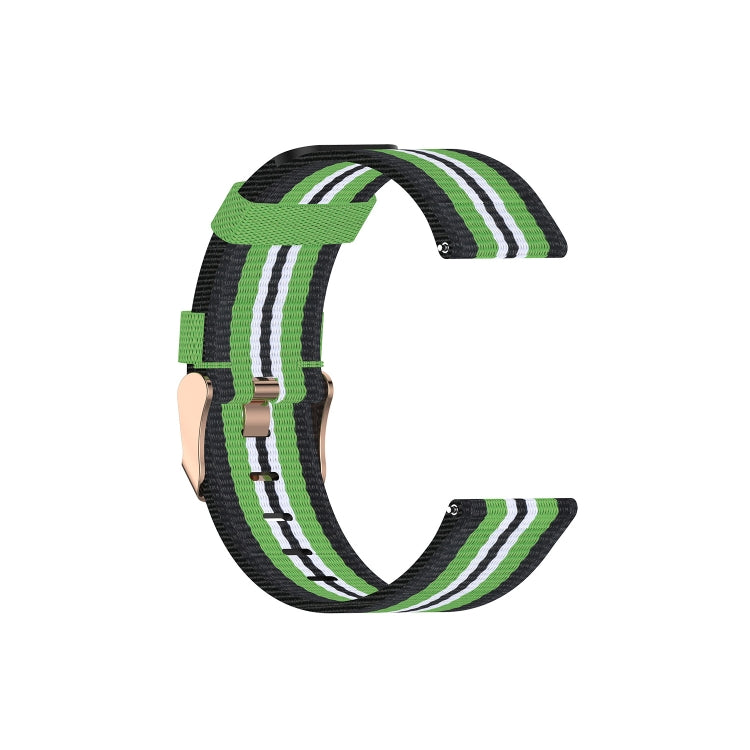 Black nylon canvas watch strap with green and white stripe weave and metal buckle