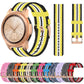 Yellow, black, and white striped nylon canvas watch strap with metal clasp