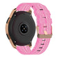 Pink nylon canvas watch strap with metal buckle, worn on a smartwatch
