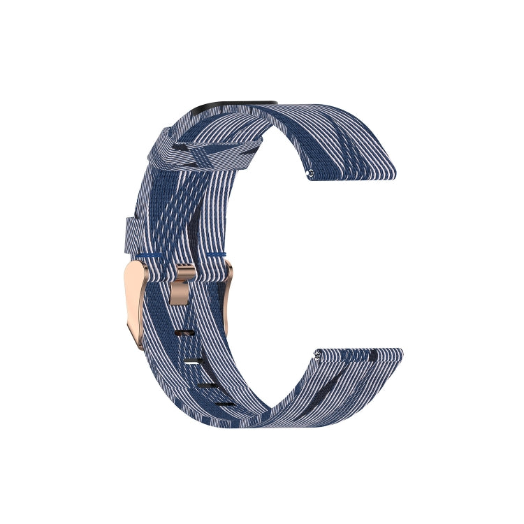 Nylon canvas smartwatch strap with dark blue striped pattern and metal buckle