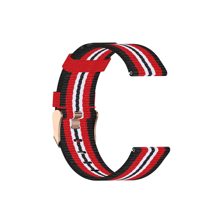 Nylon canvas smartwatch strap with red, white, and black stripes and metal buckle