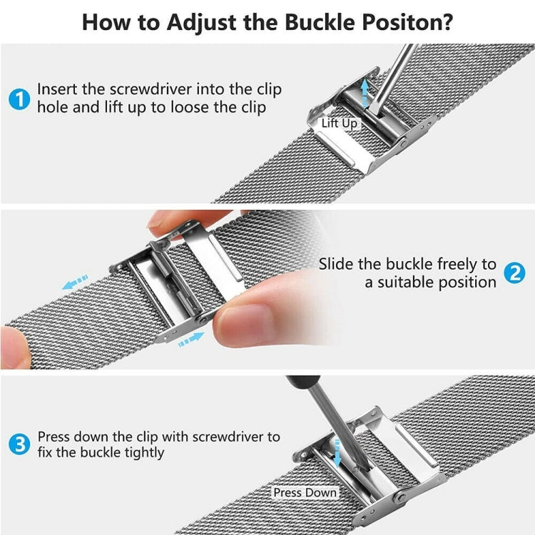 Adjustable metal buckle on silver mesh watch band