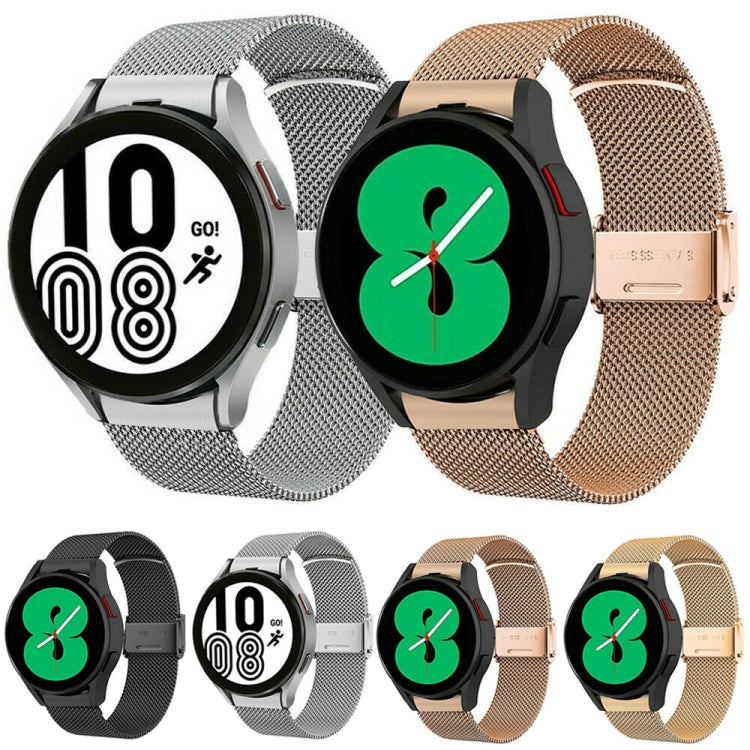 Mesh smartwatch bands in gray and gold tones with metal buckles