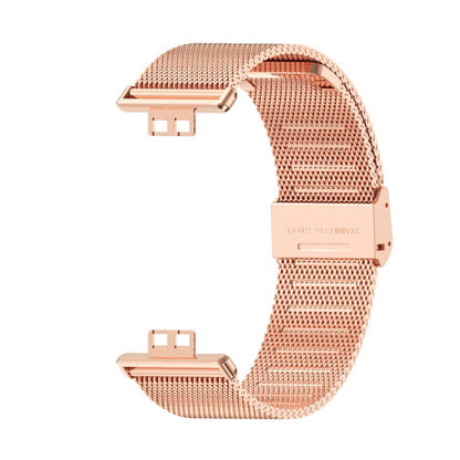 Rose gold stainless steel mesh watch band with buckle clasp and metal frame.