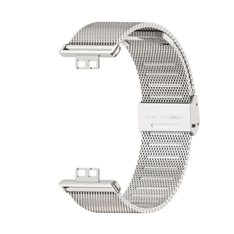 Silver stainless steel mesh watch band with buckle clasp and metal frame.