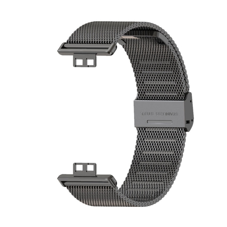 Dark gray stainless steel mesh watch band with buckle clasp and metal frame.