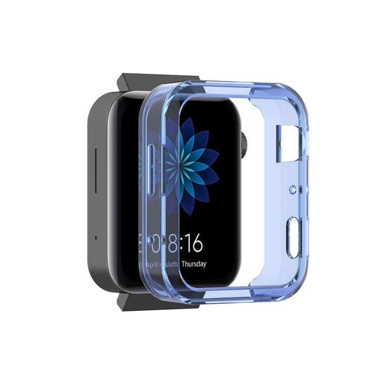 Transparent blue TPU protective smartwatch case with raised edges and cutouts.