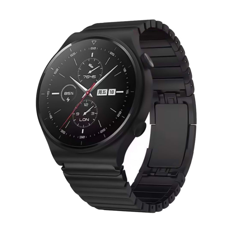 Black steel watch band with buckle, linked segments and matte finish