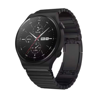 Black steel watch band with buckle, linked segments and matte finish