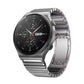 Silver steel watch band with buckle, brushed metal links and curved clasp