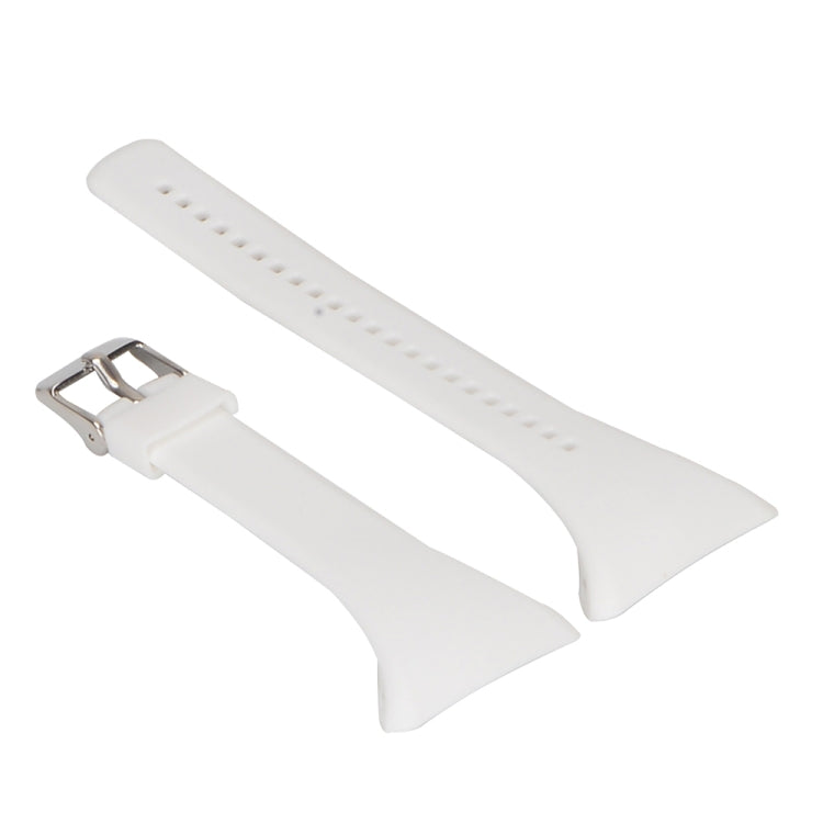 White silicone strap with pointed ends, metal buckle, and adjustment holes