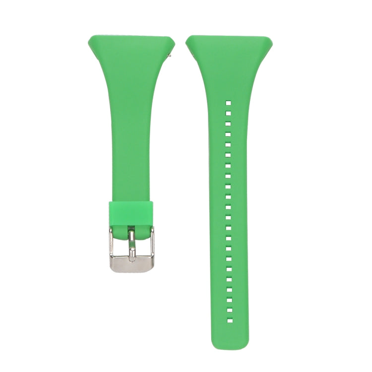Green silicone strap with metal buckle and row of adjustment holes