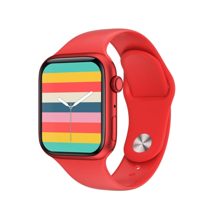 Red smartwatch with square HD display showing colorful horizontal stripes