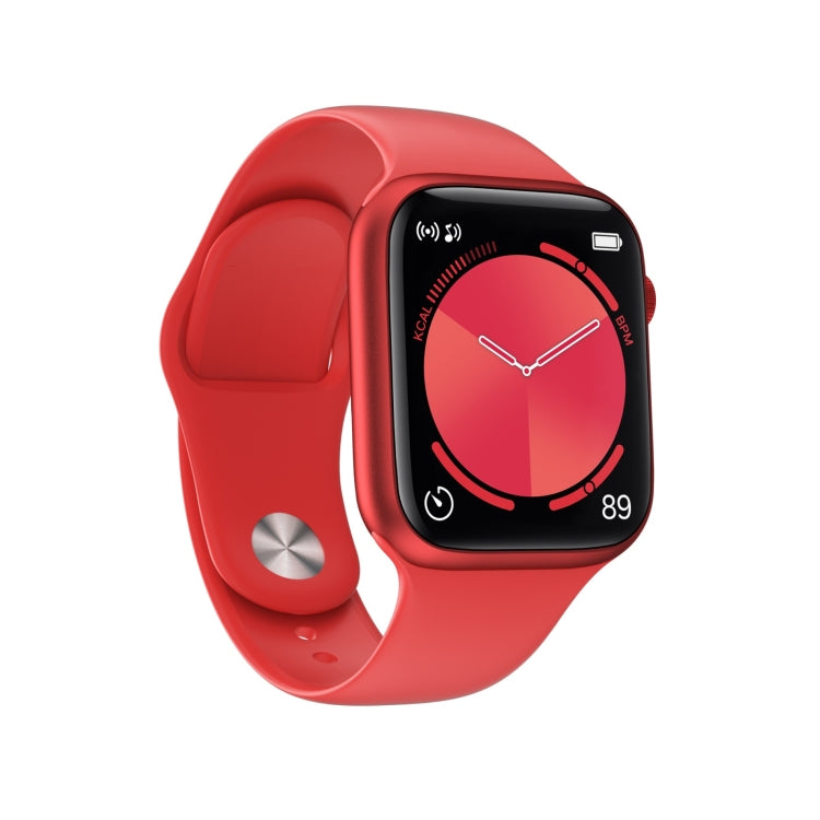 Red smartwatch with angled black display showing heart rate gauge graphic