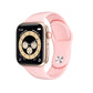 Pink smartwatch with black display showing stopwatch-style chronograph dials