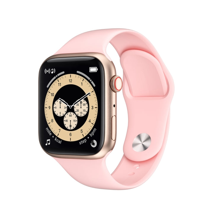 Pink smartwatch with black display showing stopwatch-style chronograph dials