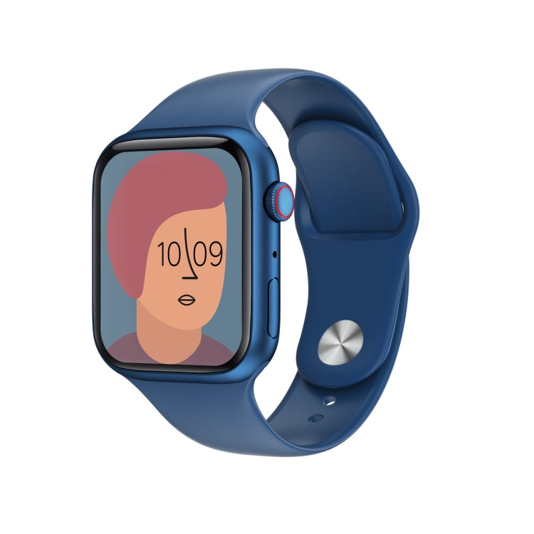 Blue smartwatch with square display showing a portrait-style avatar screen