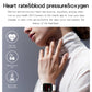 White smartwatch on wrist with red health data graphic on screen