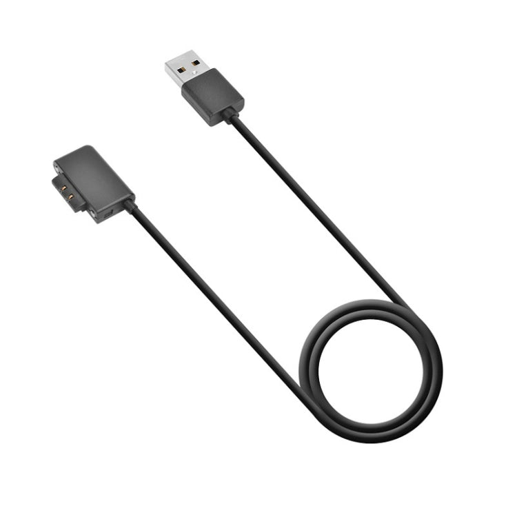 USB-A to device charging cable with angled black connectors and looped section