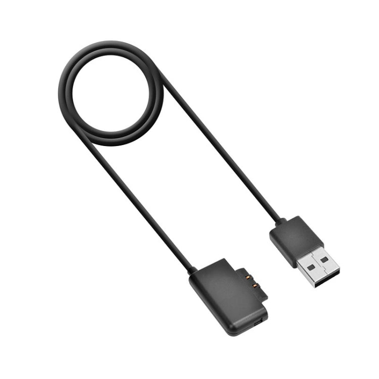 USB-A to device charging cable with black connectors and looped cord