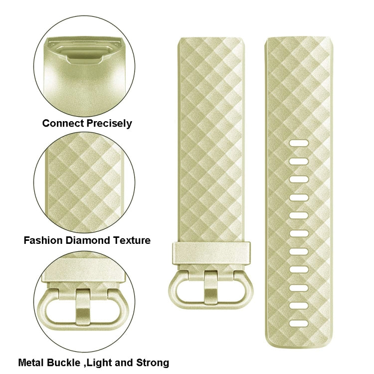 Metal watch strap with diamond-texture band and gold-tone buckle for Fitbit Charge 3