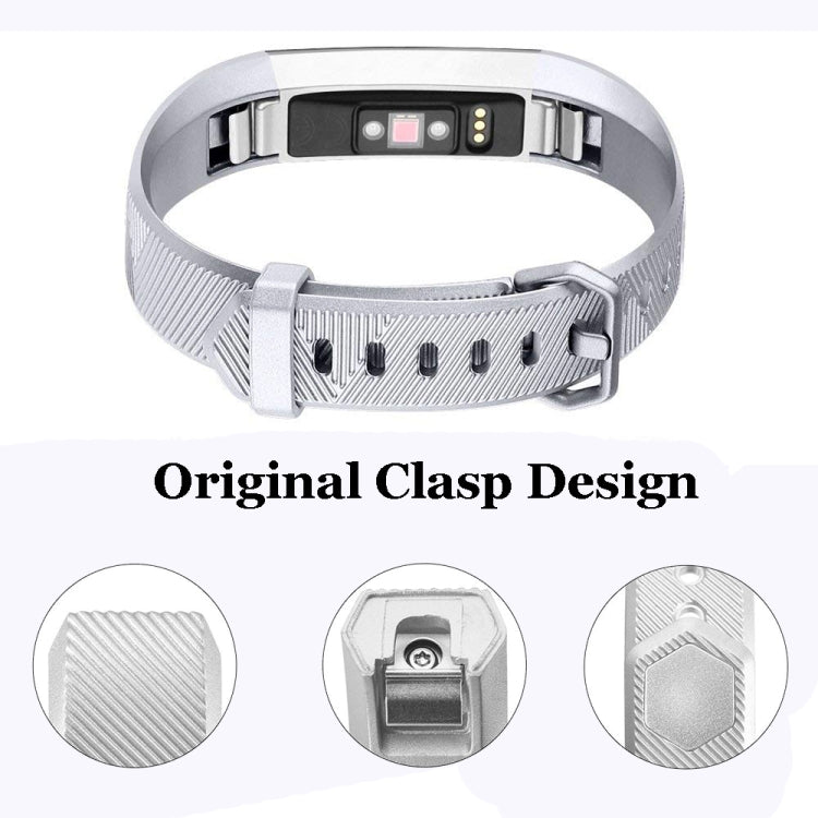 Silver metallic clasp watch band for Fitbit Alta, textured strap with buckle and pins