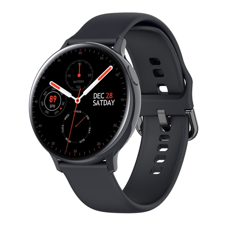 Black silicone smart wristband with round TFT display showing fitness metrics