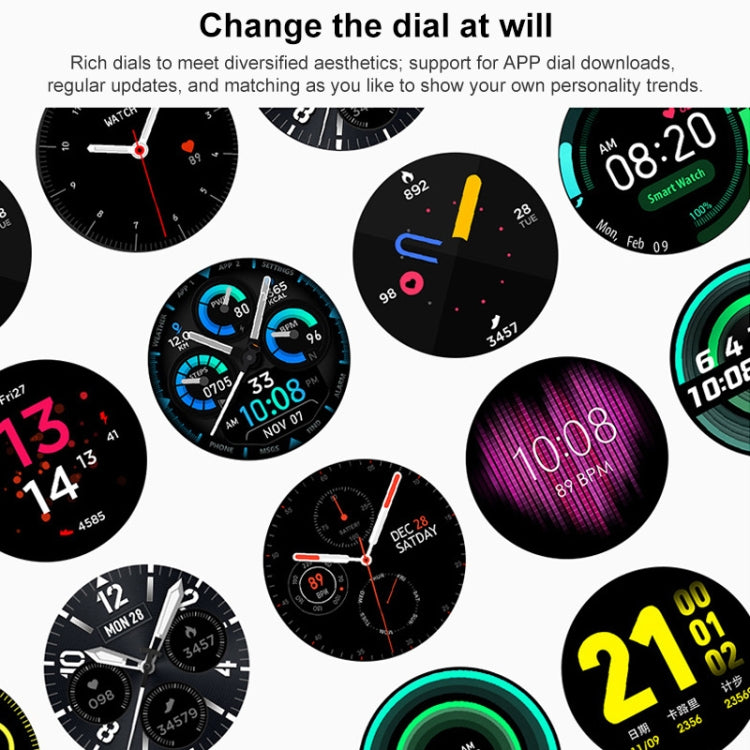 Smart wristband with app-changeable watch dials shown on multiple round screens