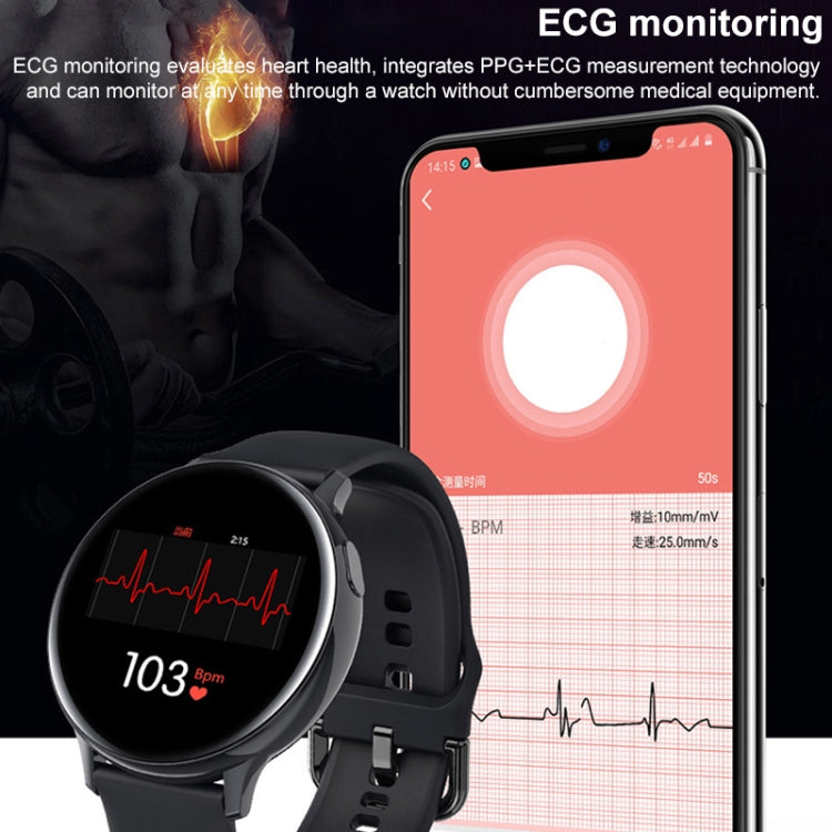 Black smart wristband smartwatch with ECG-style waveform display and phone app view