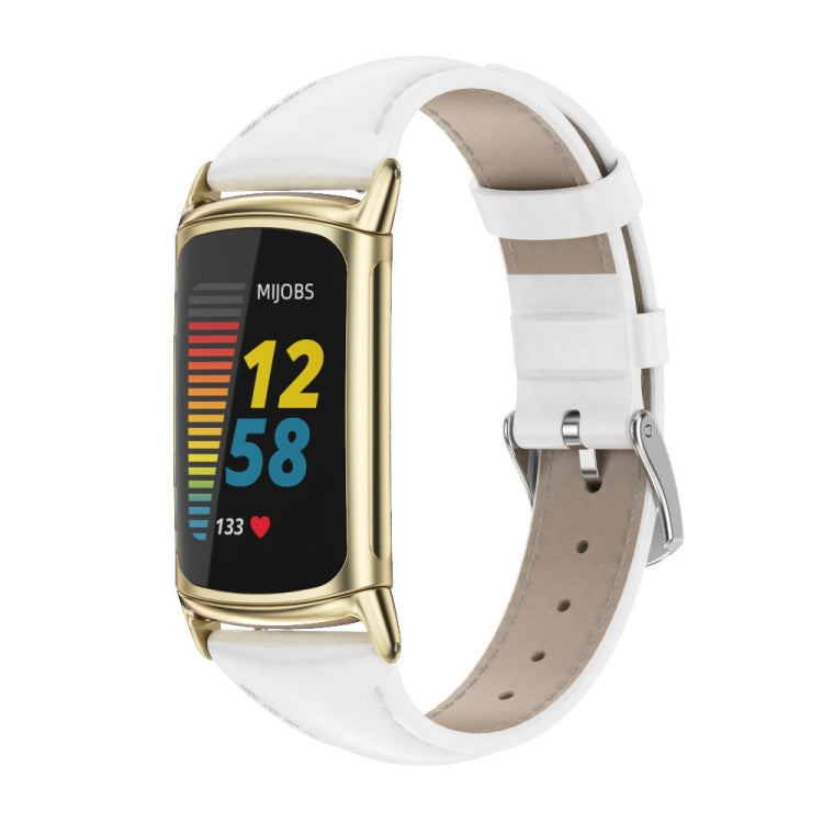 White leather slim watch band with gold-tone clasp for Fitbit Charge 5