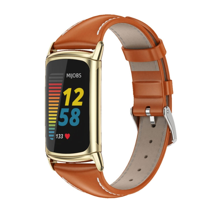 Orange leather slim watch band with gold-tone clasp for Fitbit Charge 5