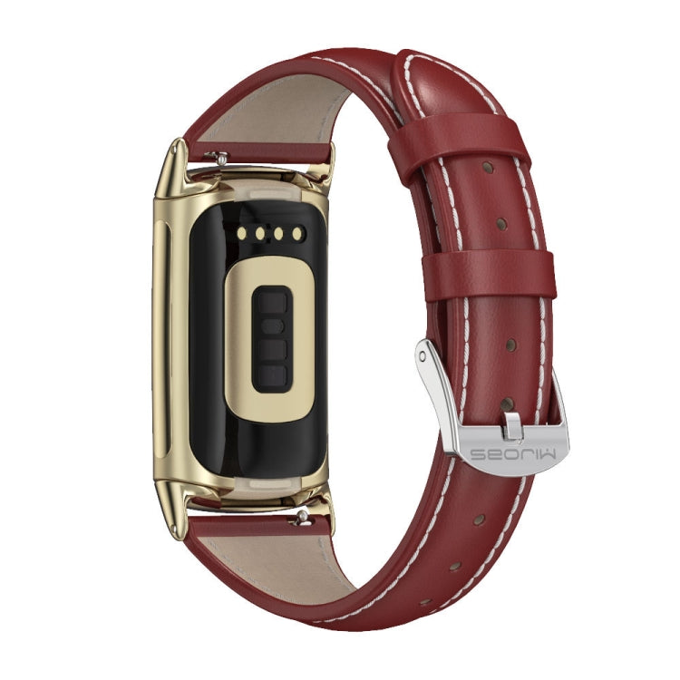 Burgundy leather slim watch band with gold-tone clasp for Fitbit Charge 5