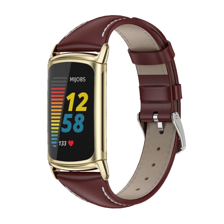 Wine red leather slim watch band with gold-tone clasp for Fitbit Charge 5