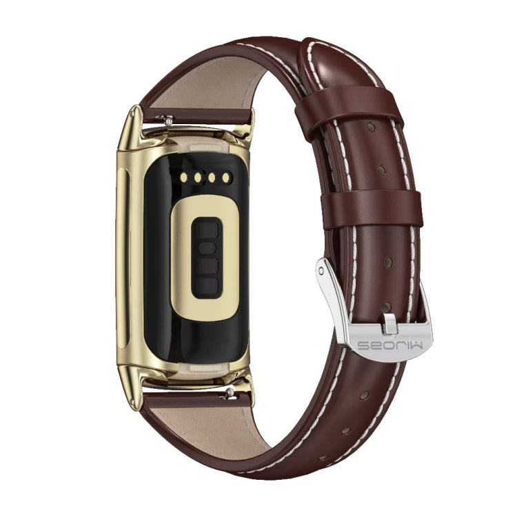 Coffee-brown leather slim watch band with gold-tone clasp for Fitbit Charge 5