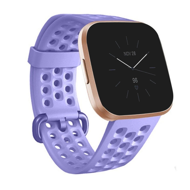 Large breathable silicone watch band with perforated strap and adjustable buckle, light purple.
