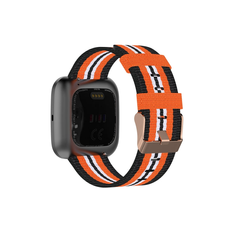 Canvas watch strap in black with orange and white stripe pattern and metal clasp